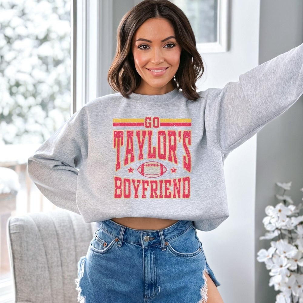 (CL) Go Taylor's Boyfriend Crew Sweatshirt XL Heather Gray Football‎ Pullover